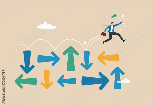 Overcome uncertainty, make decision or determination to achieve success, adversity or courage to solve problem or difficulty concept, businessman jumping on uncertainty random direction arrows.