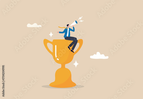 Success story to motivate people to develop and improve to achieve life success, telling story or inspire people, aspiration concept, businessman telling success story with megaphone on winner trophy.