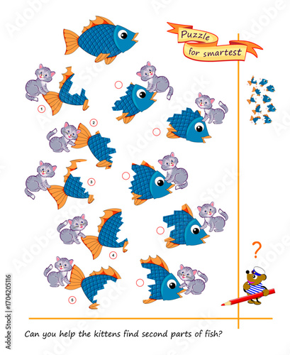 Can you help the kittens find second parts of fish? Search and find game. Logic puzzle for children and adults. Develop spatial thinking. Printable page for brain teaser book. Flat vector illustration