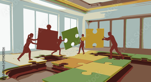 Conceptual illustration of a business team collaborating to assemble a giant jigsaw puzzle, symbolizing teamwork and problem-solving.