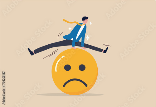 Overcome stress and anxiety, emotional problem, uncertainty or worried about work, depression or mental illness, sad and stressful concept, businessman jump over sad and negative emotion face