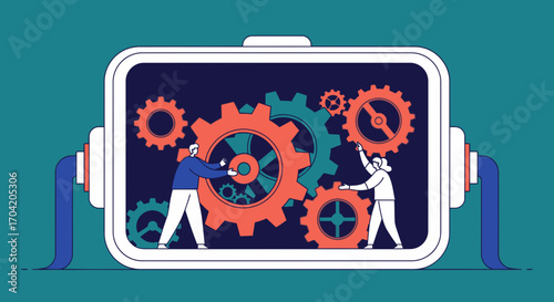 Conceptual illustration of a team working together, assembling a complex gear mechanism inside a technological device.