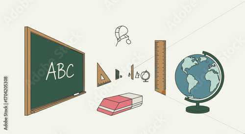 Educational concept illustration with a chalkboard, globe, ruler, and eraser representing learning and school subjects.