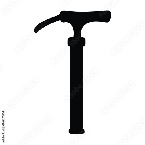 Silhouette image of a black T handled walking stick on white background