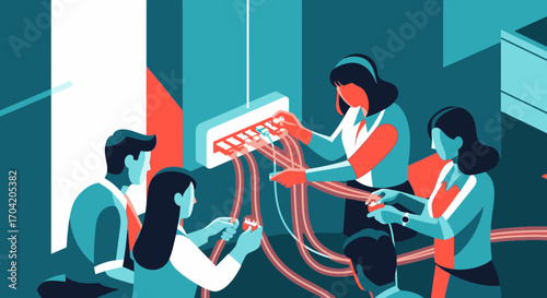 A team of professionals collaborates on connecting a complex network system in a modern, stylized office environment.