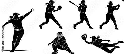 Softball player silhouettes, Softball silhouette, Softball player SVG, Softball player set