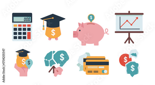 A collection of flat design icons representing financial literacy, savings for education, and investment concepts.