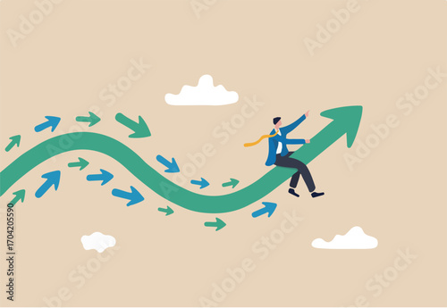 Business trend, initiative thinking to be different and lead to success, trend setter or leadership to follow, leading direction concept, businessman riding trend arrow followed by small followers