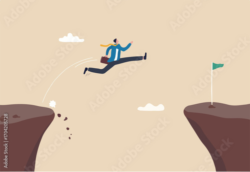 Take risk for opportunity to success, risky decision, determination or courage to overcome challenge concept, brave businessman winner jump over the cliff gap to reach success flag on other side.