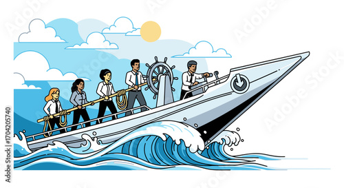 A diverse team of business professionals collaborates on a boat, navigating rough seas together towards a common goal under a sunny sky.
