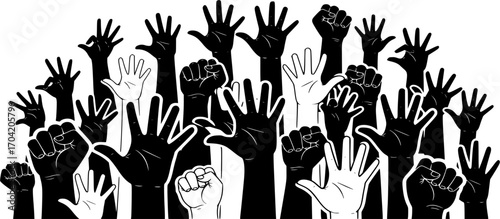 Many hands silhouettes, Raised hands vector silhouettes set