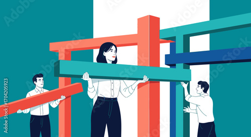 A diverse team of business professionals working together, building a colorful abstract structure, symbolizing collaboration and teamwork.