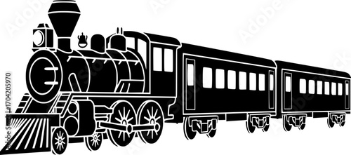 Steam locomotive with carriages icon. Black silhouette