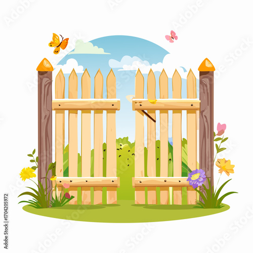 Welcoming open wooden picket fence door to a beautiful spring meadow. A cheerful cartoon landscape with flowers, butterflies, and green hills