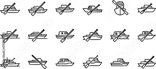 vector boat with paddle line art, black outline, set