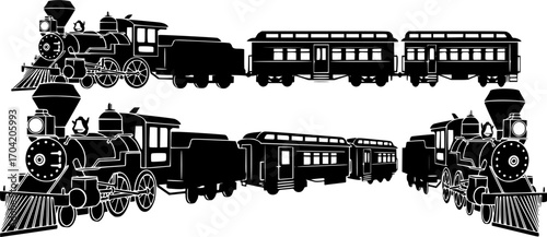 Steam locomotive with carriages icon. Black silhouette
