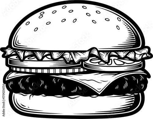 burger engraving black and white outline