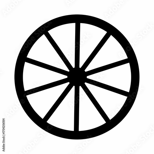 A simple, black and white, circular wheel with spokes illustration
