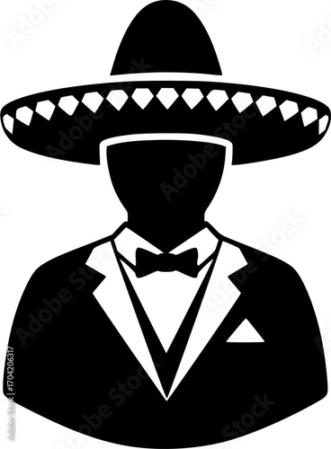 Man wearing a sombrero and suit with bow tie, in black and white vector illustration style
