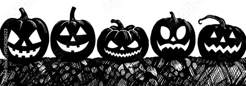 Jack-o'-lanterns lined up in black and white