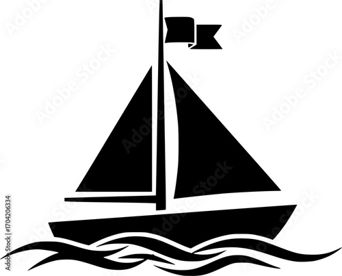 Silhouette of Sailboat with Flag on Mast Floating on Water Waves Design