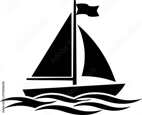 Silhouette of Sailboat with Flag on Mast Floating on Water Waves Design
