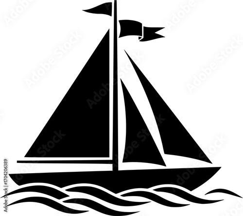 Silhouette of Sailboat with Flag on Mast Floating on Water Waves Design