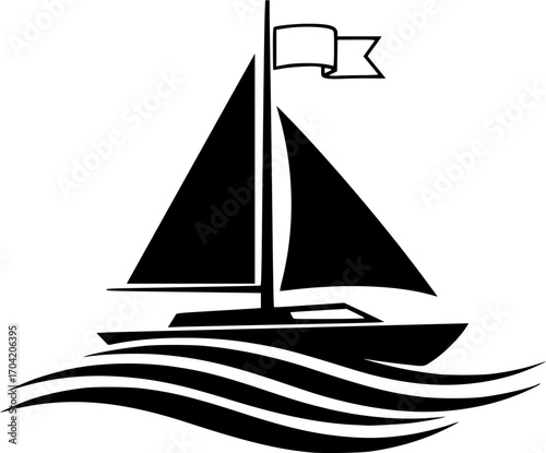 Silhouette of Sailboat with Flag on Mast Floating on Water Waves Design