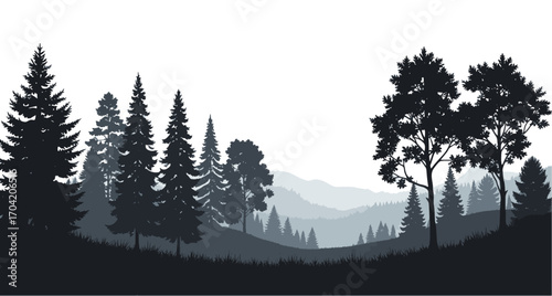 Stylized Mountain Forest Silhouette in Grayscale layered lanscape