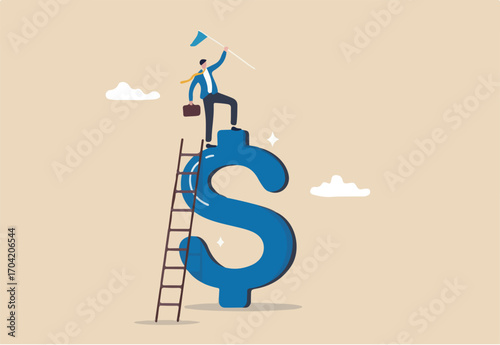 Financial success, income growth or business achievement, making money or profit, investment for financial freedom, opportunity, income concept, businessman winner holding flag climbing dollar sign.