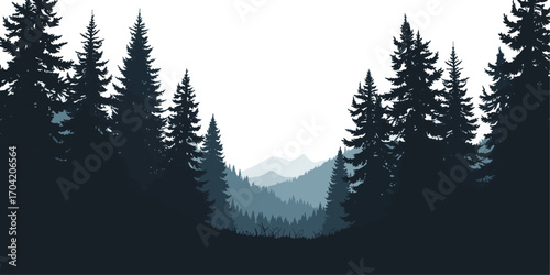 Mountain View Through Pine Forest Silhouette