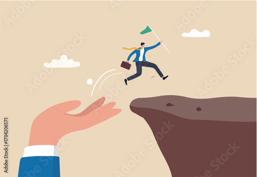 Helping hand or support to help achieve success, assistance or advice to reach next level, solution or employee encouragement concept, giant hand help businessman to jump up the cliff reach success. 