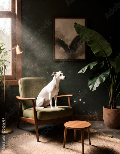 Elegant White Dog Resting on Green Chair in Modern Interior Setting