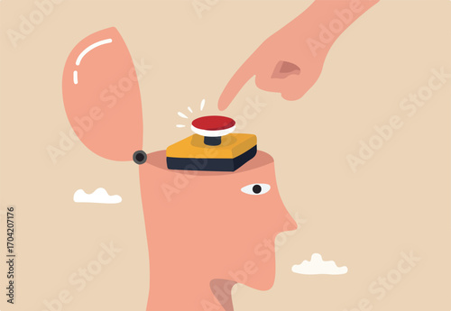 Mental health support, help or psychotherapy, relaxation to reduce anxiety, stress or suicide prevention, depression or mental illness treatment concept, man open head to push emergency help button.