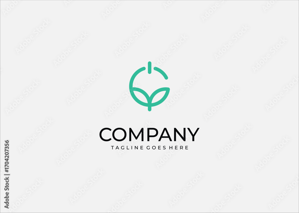 Fototapeta premium Minimalist eco-friendly logo design combining a power button with leaf symbol. Modern green technology vector icon.