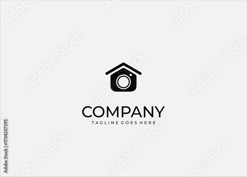 Minimalist black and white vector illustration of a smart home camera or house with lens icon. Perfect for real estate branding, property photography, security system, surveillance, technology, smart 