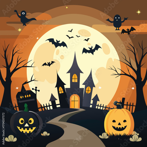 Spooky halloween night scene with a haunted house and spooky elements