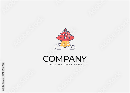 Creative cartoon illustration of a mushroom shaped rocket launching with smoke clouds. Fun and unique mascot design combining fantasy fungus and spaceship.