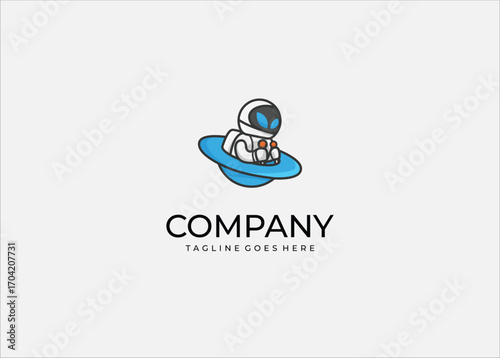 Cute Alien Astronaut in UFO – Futuristic Cartoon Character alien astronaut character inside a flying saucer spaceship. Vector illustration of futuristic mascot with blue glowing eyes and joystick cont