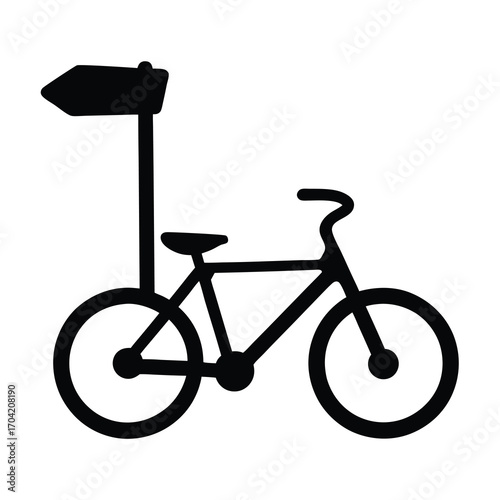 Minimalist bike with direction sign, a symbol of cycling route guidance