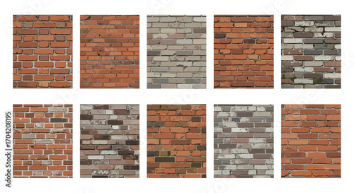 Ten brick wall panels of various colors and textures arranged closely