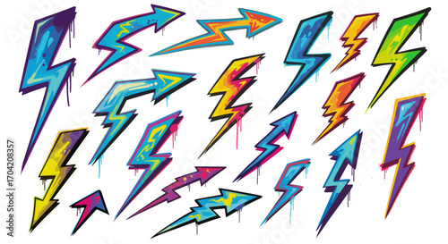 Collection of colorful graffiti style lightning bolts and arrow shapes