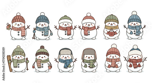 Collection of cartoon snowmen wearing hats and scarves in winter scene