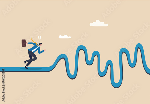 Rough road ahead, obstacle or tough situation to overcome, risk and uncertain, difficulty or problem solving, journey or effort to success concept, businessman run to new challenge rough road ahead.