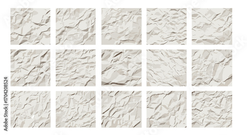 Fifteen rectangles of crumpled paper in a grid pattern on white space