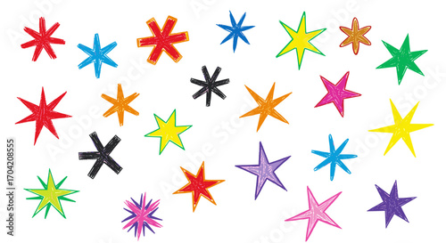 A collection of hand drawn colorful star shapes scattered on white page
