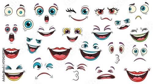 Cartoon faces showing various emotions and expressions on white background