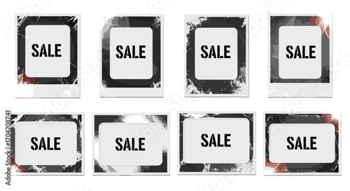 A collection of eight sale posters with varying grunge textures around them