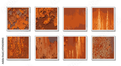 Eight rectangular rusted metal panels with varying degrees of corrosion