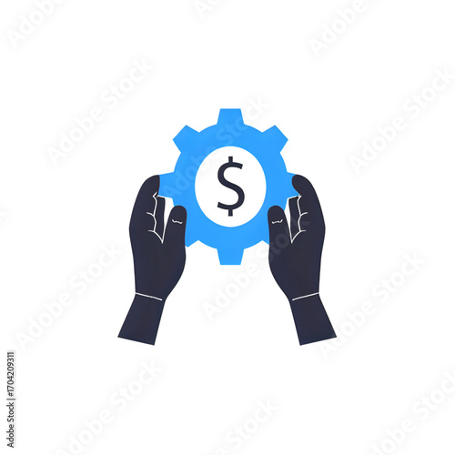 Hands holding a gear with a dollar sign, symbolizing financial mechanics and business success.